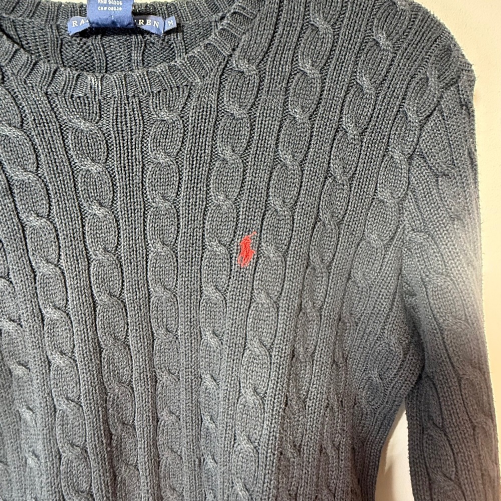 Ralph Lauren Cable Knit Sweater Women's Unisex M Black Crew Neck Cotton - Picture 3 of 7